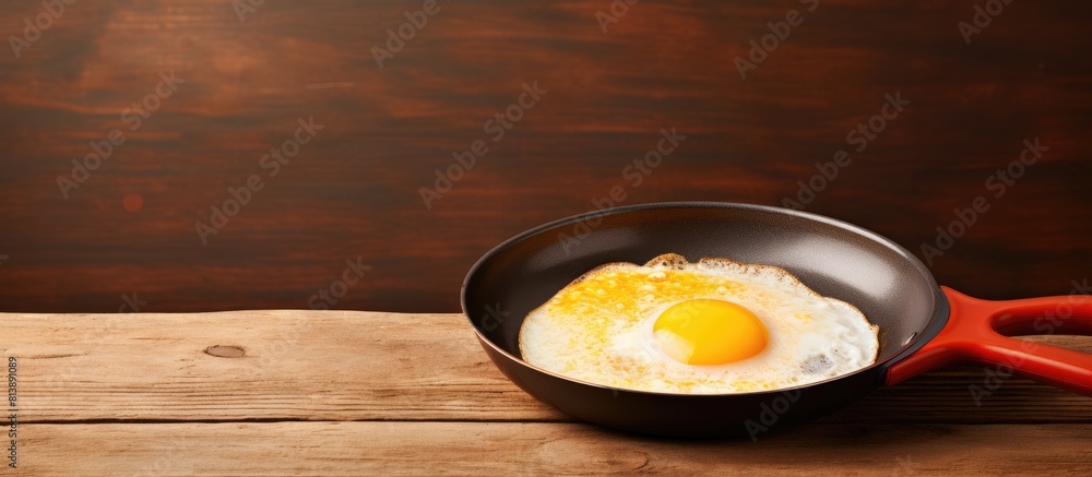 Poster top view of a frying pan with fried eggs in the background providing copy space for additional image