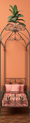 Artistic rendering of a green metal canopy bed with pink pillows and bedding against a peach-tone background in a surreal dreamscape.