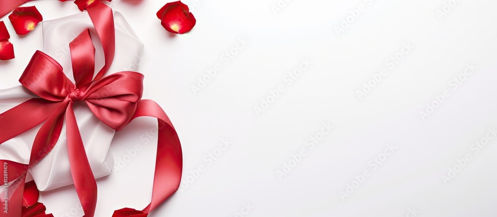 Aufkleber a top down view of a white background featuring a satin ribbon adorned blank red gift tag leaving am