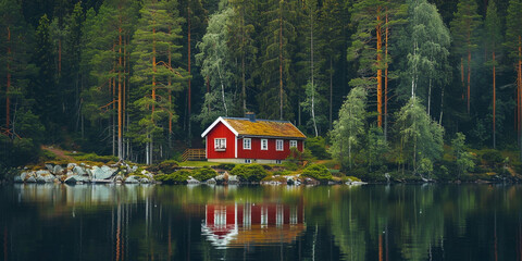 Small red cabin on lake in the middle of a lush green forest - Powered by Adobe