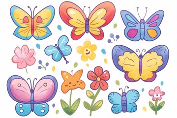 Set collection of cute kawaii style happy smiling butterflies and flowers.