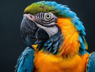 Naklejka premium Black background, tropical macaw, close-up, highlight beautiful feathered parrot, with copy space,Vibrant Tropical Parrot with Stunning Feathers on Black Background. Exquisite 4K Wallpaper.