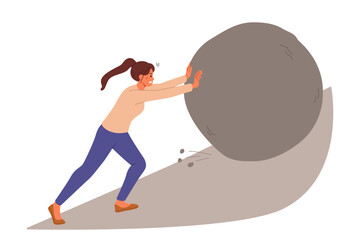 Suffering woman suffers from overload pushing large stone uphill, for concept of huge problems. Girl in need of help and experiencing discomfort from overload caused by complex work tasks