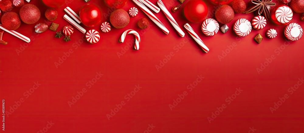 Poster a minimal christmas concept with a composition of christmas candies on a bright red background the i