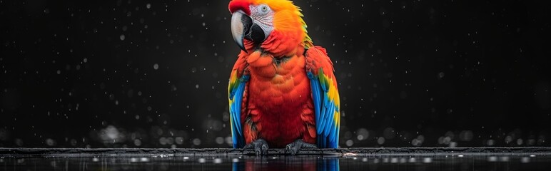 Obraz premium Black background, tropical macaw, close-up, highlight beautiful feathered parrot, with copy space,Vibrant Tropical Parrot with Stunning Feathers on Black Background. Exquisite 4K Wallpaper.