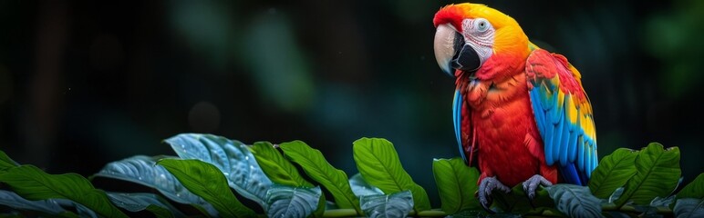 Fototapeta premium Black background, tropical macaw, close-up, highlight beautiful feathered parrot, with copy space,Vibrant Tropical Parrot with Stunning Feathers on Black Background. Exquisite 4K Wallpaper.