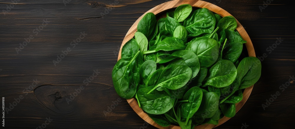 Poster a top down view of spinach leaves arranged in a wooden bowl on a black background creating ample spa