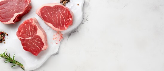 Top view of raw pork medallion steaks on a white stone table providing a clean and minimalistic background for potential text placement. Copy space image. Place for adding text and design