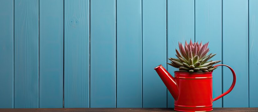 Copy space image depicting a vibrant red watering can and a lush succulent plant arranged on a table against a backdrop of blue wooden planks providing an ideal canvas for your creative endeavors
