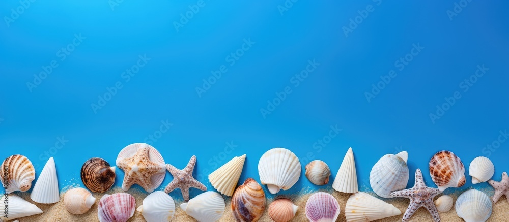 Poster a variety of seashells arranged on a vibrant blue background providing ample space for text the imag