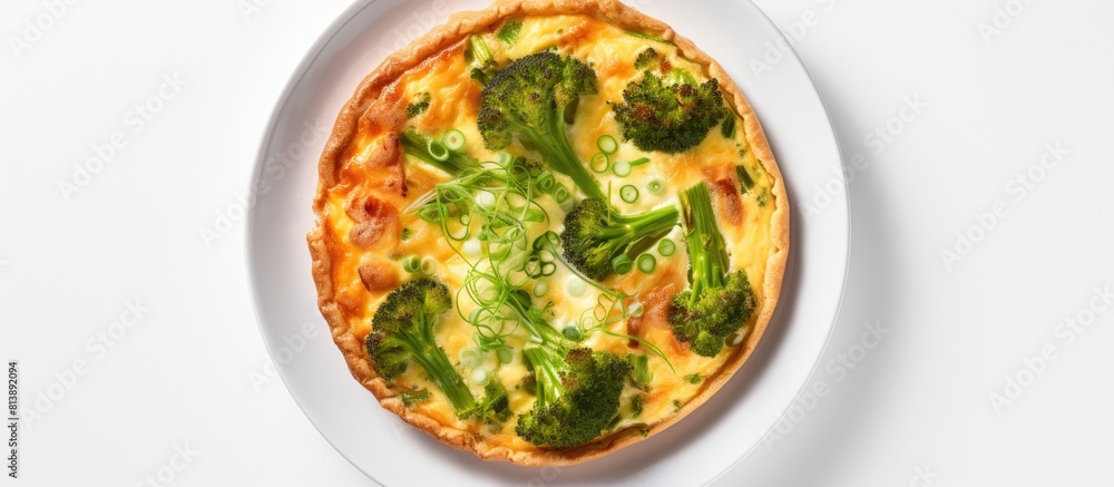 Poster a homemade quiche tart made with red fish and broccoli presented from a top view on a white backgrou