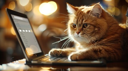 A chubby cat with a determined expression, using a paw to scroll through emails on a tablet device.