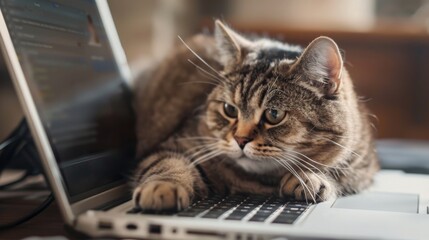A chubby cat with a determined expression, using a paw to scroll through emails on a tablet device.