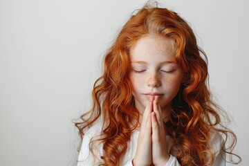 Cute little girl praying on white bright solid background. Portrait close-up. Young school child with red curly hair eyes closed, hands clasped. Prayer. Children's religious program. Learning to Pray