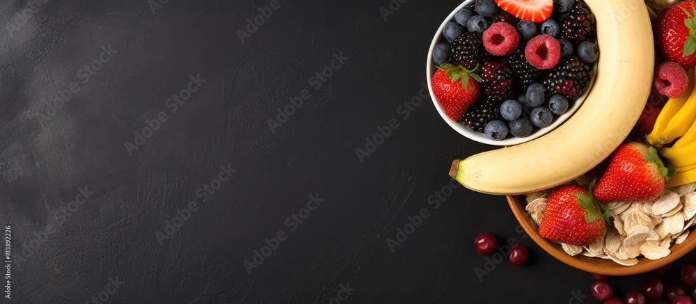 Poster a healthy breakfast featuring a close up top view image of a bowl of muesli with fresh berries and a