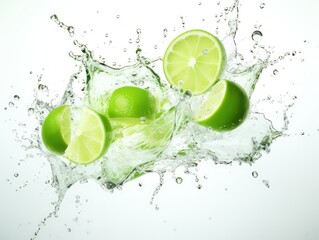 realistic sparkling water with green lemon, splash of transparent water on a white background explosion