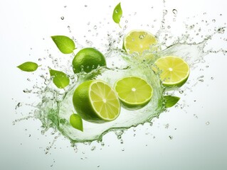 realistic sparkling water with green lemon, splash of transparent water on a white background explosion