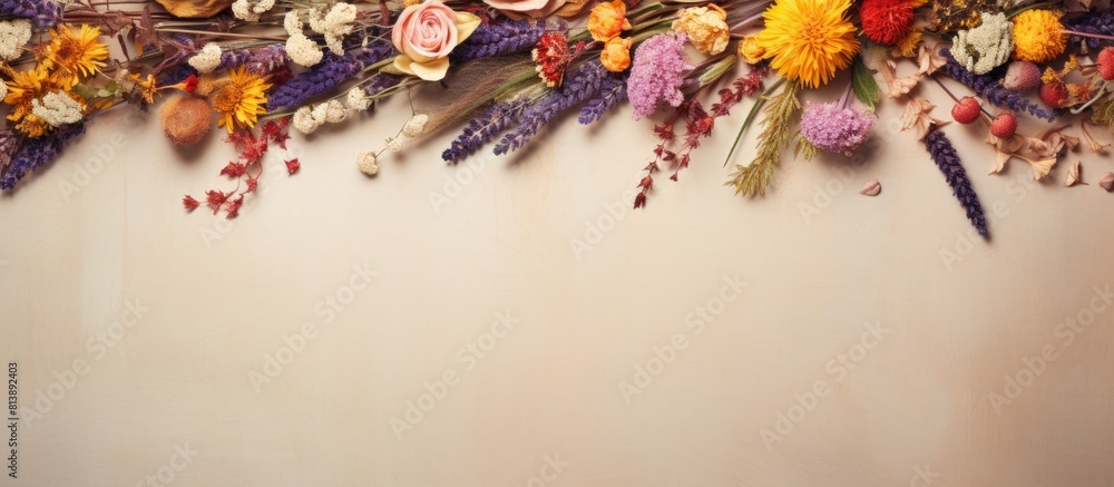 Poster dried flowers arranged in a frame creating a vibrant and colorful composition a top down view of the