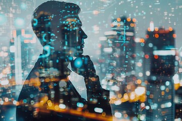 The double exposure image of the businessman thinking overlay with cityscape image and futuristic hologram. The concept of modern life, business, city life and internet of things