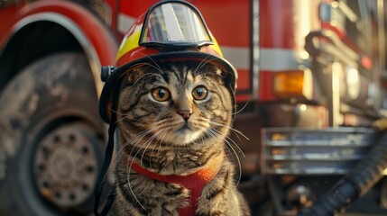A chubby tabby cat wearing a firefighter helmet, bravely standing ready for action beside a fire truck.