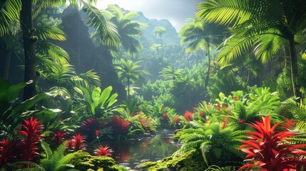 Lush Rainforest Paradise with Vibrant Red Flowers and Water Stream