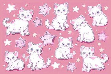 Obraz premium A collection of adorable kawaii cartoon cats and stars in sweet pink tones, perfect as stickers for girls. These charming illustrations feature cute kittens with playful expressions, creating a deligh