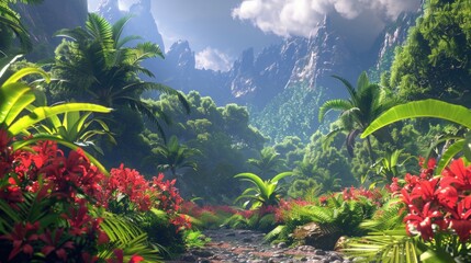 Lush Rainforest Paradise with Vibrant Red Flowers and Water Stream