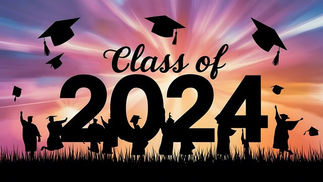 Class Of 2024 , Graduates Silhouette Throwing Cap In The Air, Class Of 2024 Graduates, Graduation Day 2024 Banner 