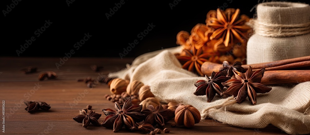 Poster the copy space image features a rustic setting with aromatic spices like cinnamon and star anise bea