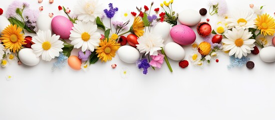A top view of spring flowers and decorative Easter eggs on a white background creating a charming Easter background with copy space for a festive celebration concept