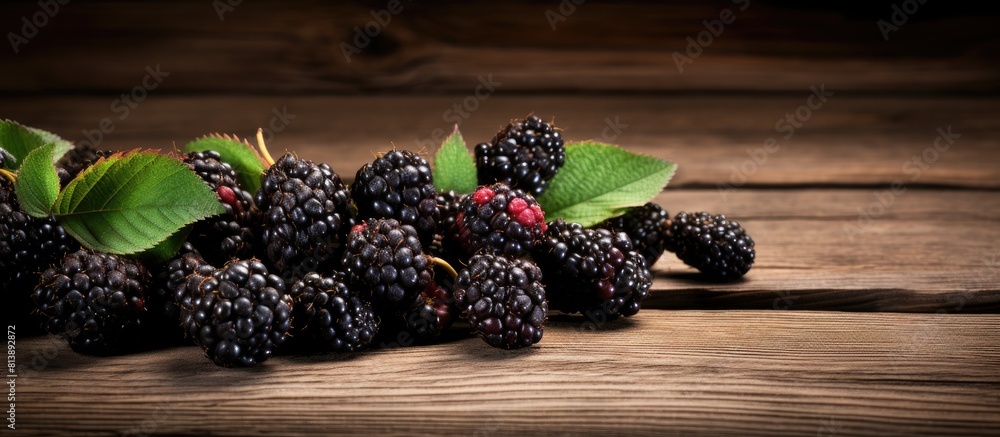 Poster an image showcasing ripe mulberries placed on a rustic wooden surface providing ample empty space fo