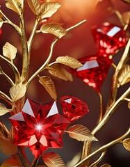 Ruby Sparkle Serenade: 3D Wallpaper with Gold Branches and Red Diamonds