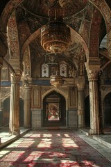 Sunlight streams through the ornate windows of a mosque, highlighting the intricate architectural details and the solemn atmosphere of Eid al-Adha