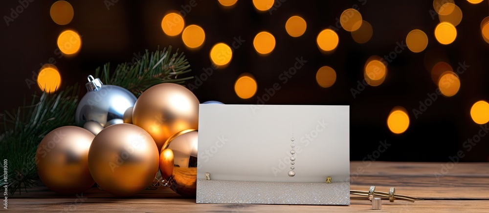 Poster a festive new year greeting card is displayed on a wooden table adorned with decorations and a chris