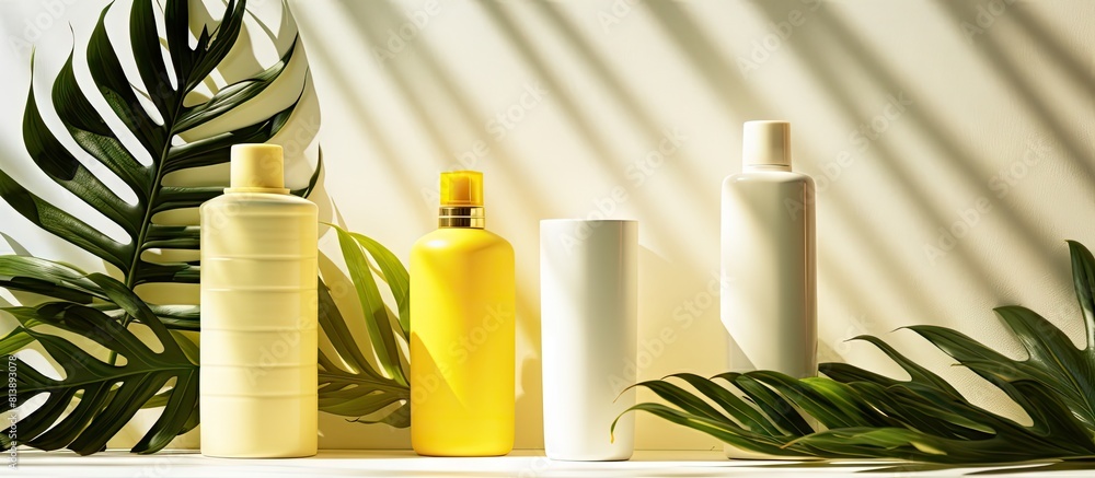 Poster A group of cosmetic product bottles on a yellow white backdrop with a tropical leaf shadow The containers stand and cast a shadow on the background in bright light Copy space image