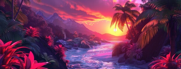 Fototapeta premium Tropical Paradise Cove at Sunset with Vibrant Pink Skies