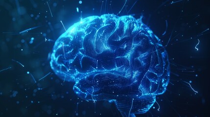 Digital glowing blue light brain human organ.