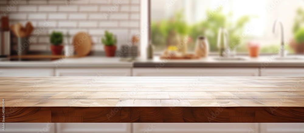 Poster the table top is displayed in the foreground with a blurred kitchen background creating a copy space