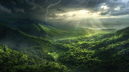 Stormy Skies Over Lush Mountain Valley: Dramatic Light and Thunder
