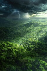 Obraz premium Stormy Skies Over Lush Mountain Valley: Dramatic Light and Thunder