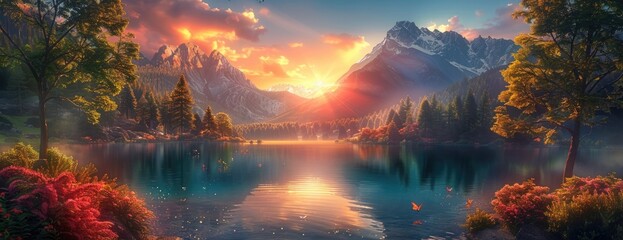 Enchanted Autumn Sunset at Mountain Lake