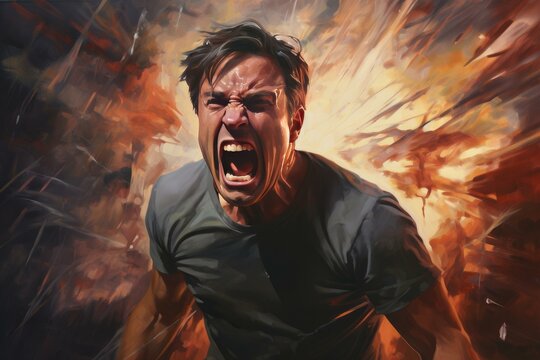 Artistic representation of an angry man yelling, with an explosive, vibrant background