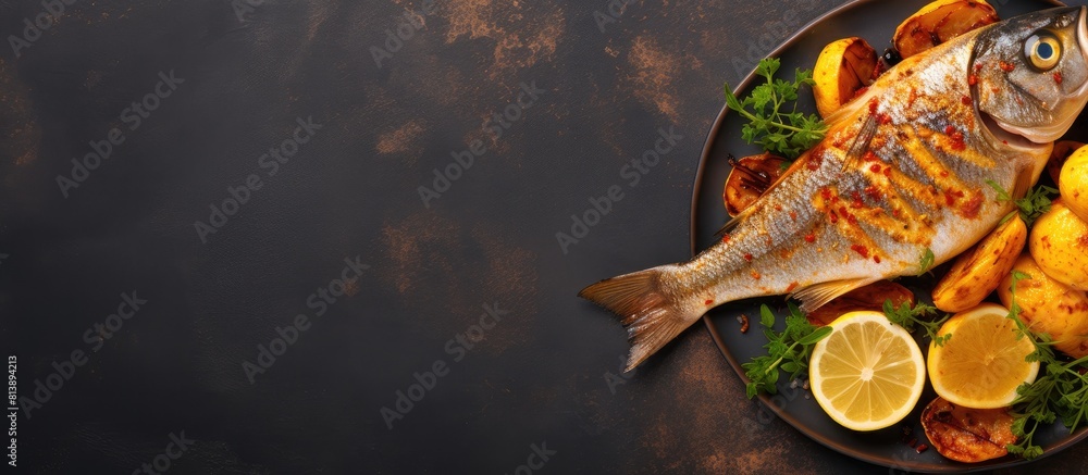 Poster a plate adorned with grilled dorado fish accompanied by golden fried potatoes and garnished with spi
