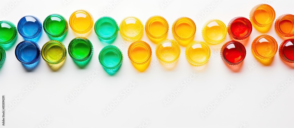 Poster top down view of colored plastic bottle covers on a white background creating a wide panoramic image