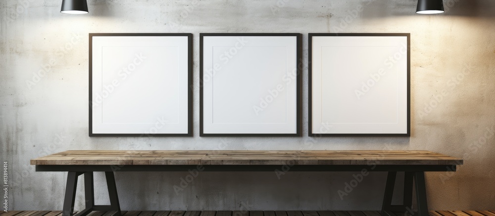 Poster there are empty frames placed on a table which is positioned near a wooden wall this setup provides 