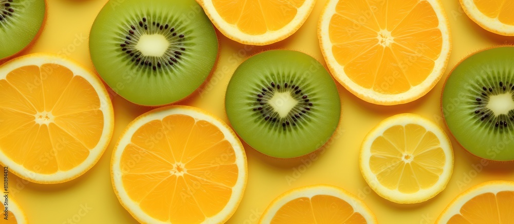 Poster a refreshing composition of kiwi orange and lemon slices on a background with ample space for text o