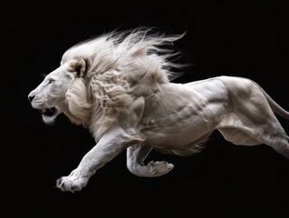 realistic white Lion running in a full body isolated on a black background 