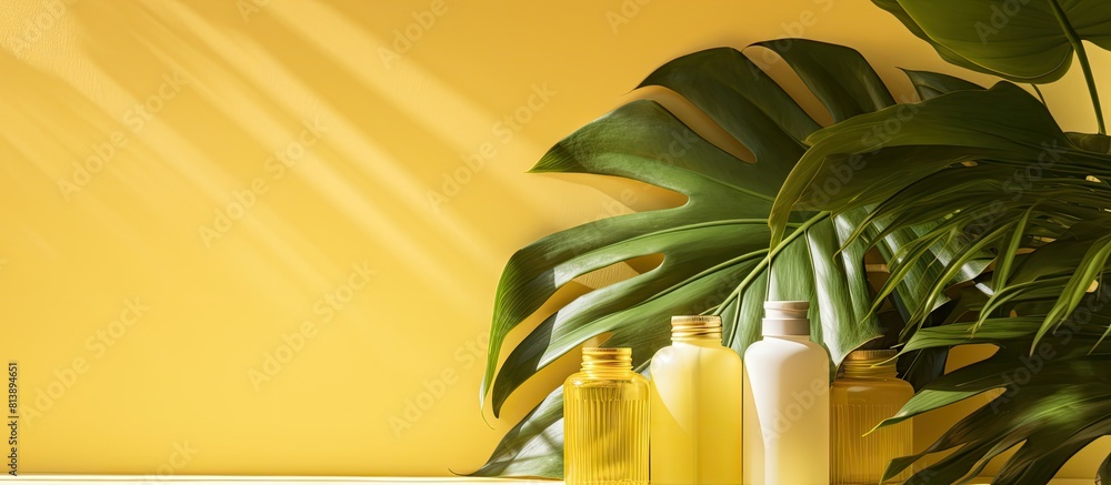 Poster a group of cosmetic product bottles on a yellow white backdrop with a tropical leaf shadow the conta