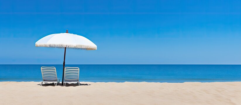 The perfect vacation concept captured in a copy space image a deserted beach adorned with a sun lounger beach umbrella breathtaking blue sky and an exquisite sea