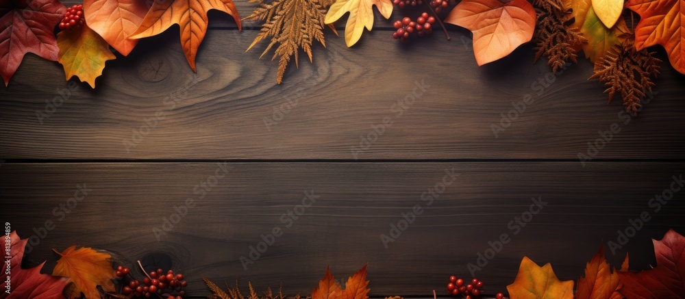 Poster there is a copy space image with autumn leaves forming a frame on a wooden background